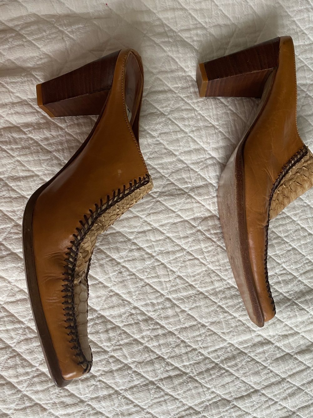 Vintage Western Tan Leather Block Heel Mules Cowgirl Desert Rodeo Exotic Size 35 - Picture 5 of 15